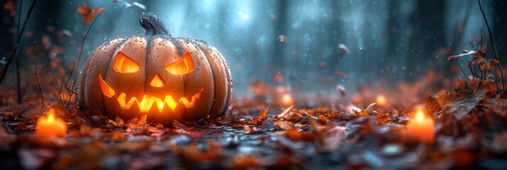Fototapeta premium Halloween Concept Orange Pumpkin Lantern Candles, Background HD, Illustrations