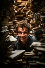 Office worker buried under a stack of files, showcasing the challenges of office life and multitasking, Generative AI