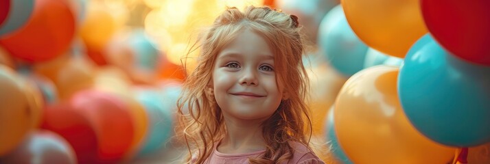 Fototapeta premium Happy Little Girl Bunch Colorful Balloons, Background HD, Illustrations