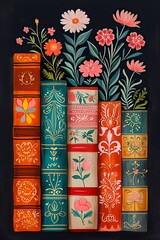 stack of book with flower drawing illustration