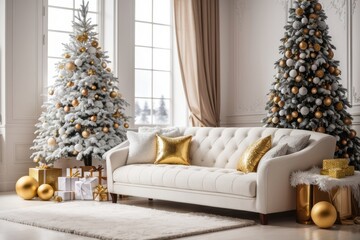 Interior home design of living room with white sofa and christmas tree decorated with golden ornaments, new year winter