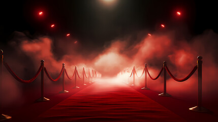 Red carpet on the stairs on dark background, the way to glory, victory and success