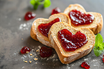 Bread with red jam heart shaped. Valentine's Day background.