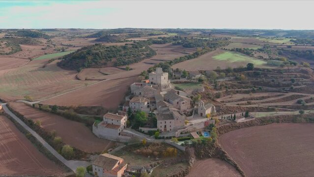 Aerial view of town and castle of Malgrat de Segarra, Catalonia