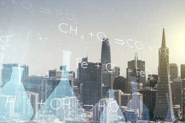 Abstract virtual chemistry illustration on San Francisco cityscape background, science and research...