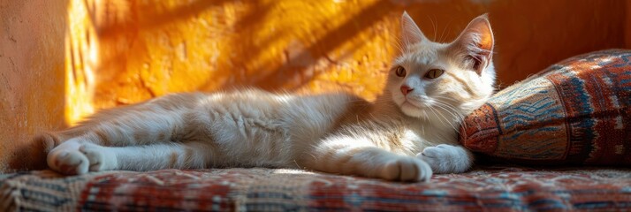 Fototapeta premium Funny White Cat Sitting On Moroccan, Background HD, Illustrations