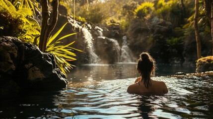 A person soaking in a cascading hot spring, feeling rejuvenated by the warm water and picturesque surroundings.