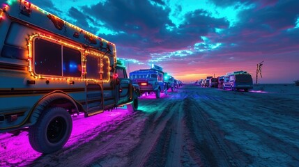 A caravan of cars adorned with neon lights travels through the desert their lights creating a vibrant and otherworldly scene against the dark night sky