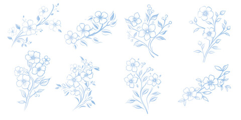 Set Floral branch and minimalist leaves for logo or tattoo. Hand drawn line wedding