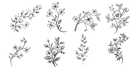 Set Floral branch and minimalist leaves for logo or tattoo. Hand drawn line wedding