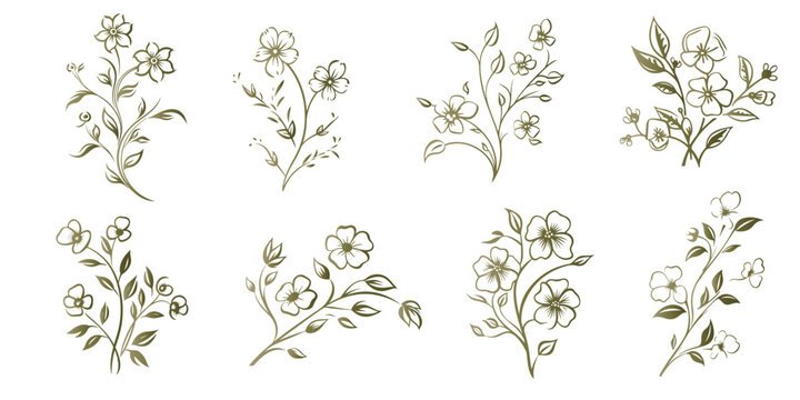 Set Floral branch and minimalist leaves for logo or tattoo. Hand drawn line wedding © wanna