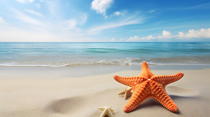 Starfish on the sand at beach. Summer holiday background.