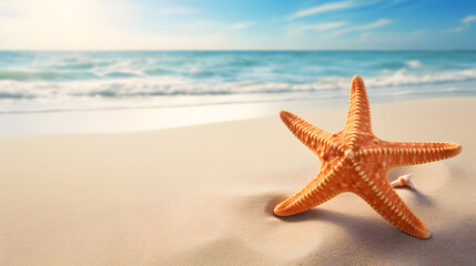 Fototapeta na wymiar Starfish on the sand at beach. Summer holiday background.