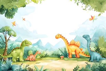 Gordijnen Cute cartoon dinosaur frame border on background in watercolor style. © Pacharee