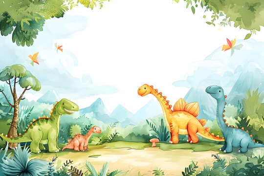 Fototapeta Cute cartoon dinosaur frame border on background in watercolor style.