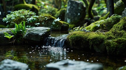Naklejka premium The gentle sound of water trickling in a serene Zen garden.