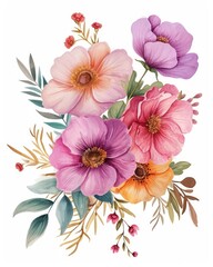 Colorful watercolor floral bouquet ornament, designed as clipart, isolated on a white background. Ideal for framing or as a background element