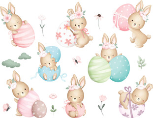 Watercolor Illustration set of Rabbit with Easter Eggs