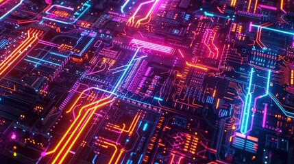 The digital world comes to life as a series of colorful circuit boards pulsate and light up to the driving highoctane tunes of a techno remix