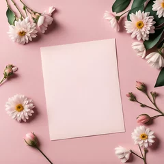 Fotobehang flat lay white postcard with flowers surrounded by on a white background, ribbon laying aside, template for congratulations on March 8, Valentine's day, women's Day or birthday Generative AI, card  © Ezio