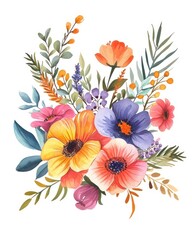 Watercolor floral bouquet ornament on a white background. Colorful clipart, ideal for framing or background use