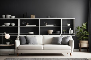 Scandinavian interior home design of living room with white sofa and shelving on dark gray wall