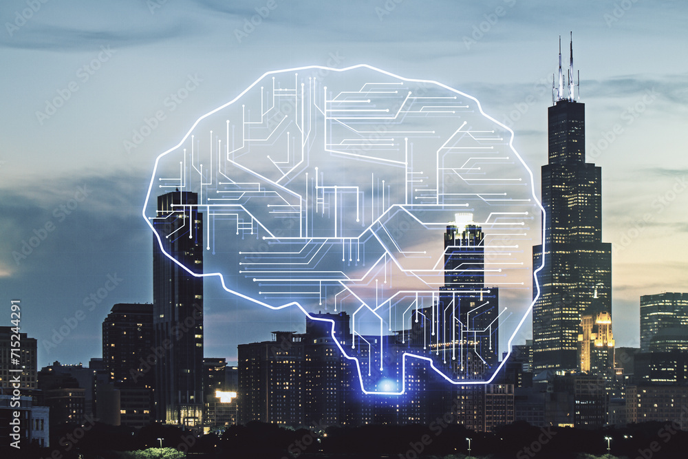 Aufkleber double exposure of creative artificial intelligence interface on chicago city skyscrapers background