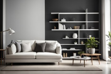 Scandinavian interior home design of living room with white sofa and shelving on dark gray wall