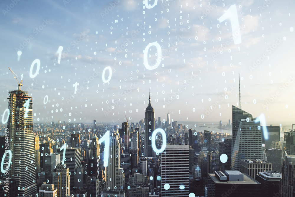 Aufkleber Double exposure of abstract virtual binary code hologram on New York city skyscrapers background. Database and programming concept
