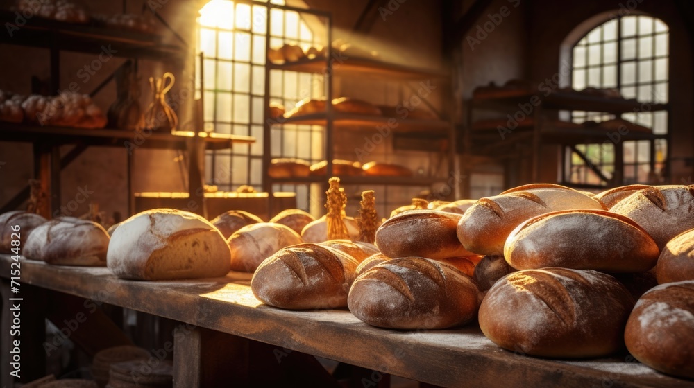 Poster breads on a table in a bakery. generative ai.