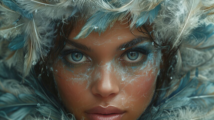 Captivating image a close up woman's face decorated with bird feathers.  Surrealistic artwork. The intricate details, and utilize soft lighting. A woman's attractive gaze.