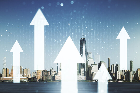 Virtual upward arrows illustration on New York city skyline background. Breakthrough and progress concept. Multiexposure
