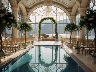 Outdoor wedding venue by the pool, outdoor wedding in spring, wedding venue in luxury hotel, wedding by the pool, wedding invitation card, outdoor celebration invitation card