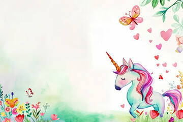 Fototapeta premium Enchanted Whimsy: Watercolor Unicorn and Nature, Copy Space for a Card