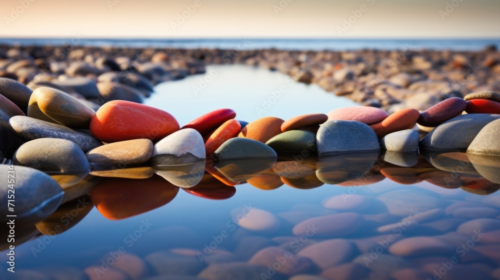 Poster a row of colorful rocks in the water. generative ai.