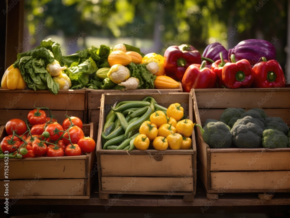 Poster a variety of vegetables are displayed in wooden crates. generative ai.
