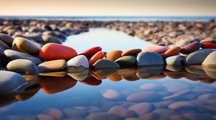 A row of colorful rocks in the water. Generative AI.
