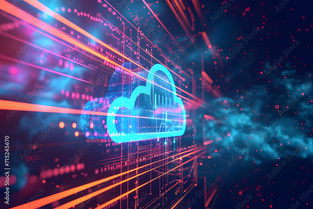 Poster digital data processing in the virtual cloud abstract background. glowing digital cloud with pixels,