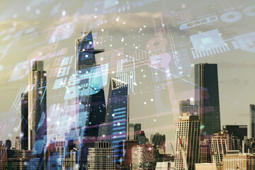 Multi exposure of abstract software development hologram on New York city skyscrapers background,...