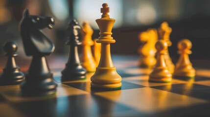 Background concept for business strategy with copy space, showcasing prominent chess and strategic pieces