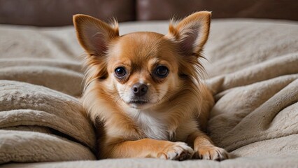 Fawn long coat chihuahua dog lying on bed in the bedroom