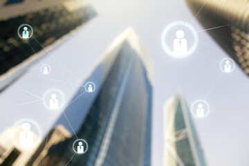 Abstract virtual social network concept on office buildings background. Multiexposure