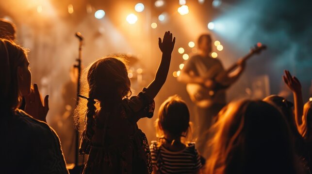 Christian family raised hands to praise God in church worship concert concept for religion, worship, prayer heaven after life