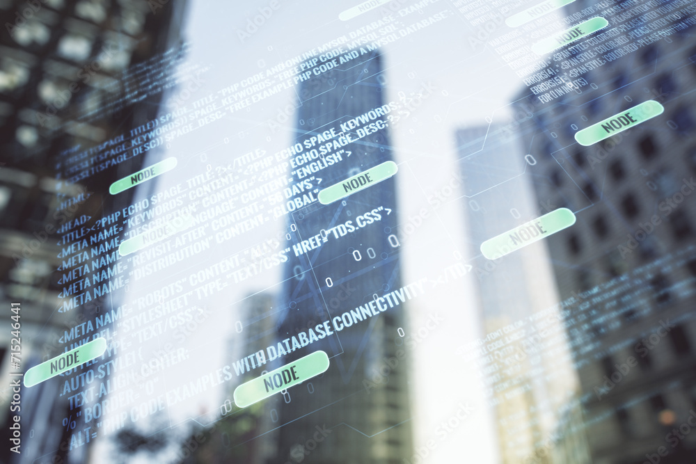 Leinwandbilder double exposure of abstract programming language interface on modern skyscrapers background, researc