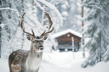 Deer in winter forest against the background of a snow-covered forest hut.