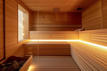 Empty finnish sauna room modern interior of wooden spa cabin with dry steam. - obrazy, fototapety, plakaty