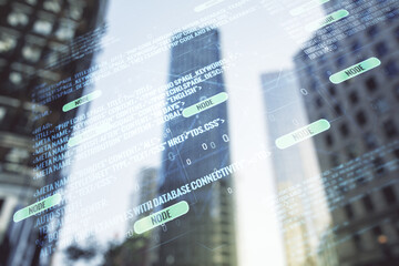 Double exposure of abstract programming language interface on modern skyscrapers background,...