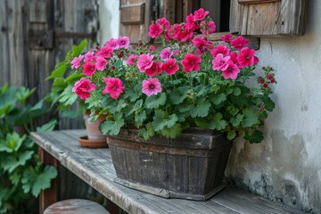 Geranium flowers in planter on a patio of an old house with rustic decor.