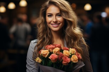 Happy businesswoman receiving a bouquet of flowers as a surprise from her team, Generative AI