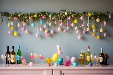 Easter Garland: Hang an Easter garland with colorful shapes and lights as a backdrop for the drinks. - obrazy, fototapety, plakaty